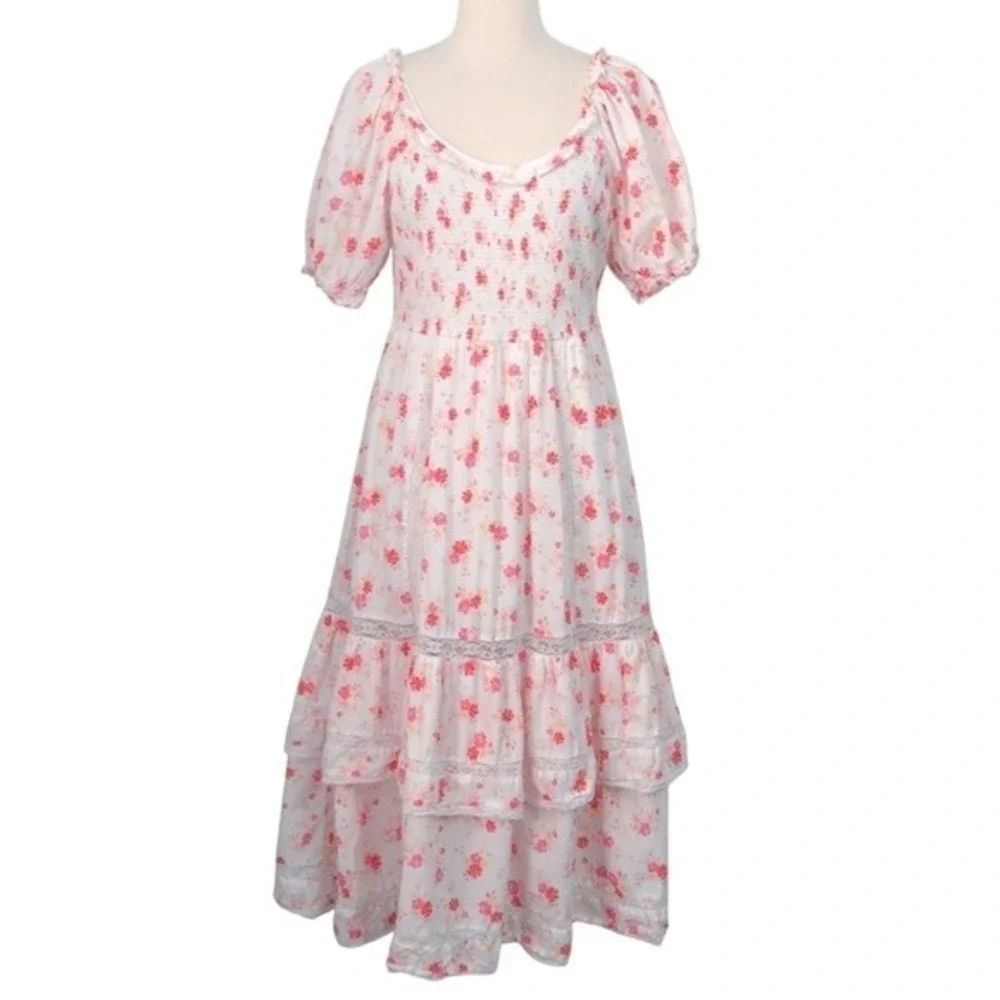 love shack fancy pink and white dress PINK x LoveShackFancy Strapless Lace Mini Dress